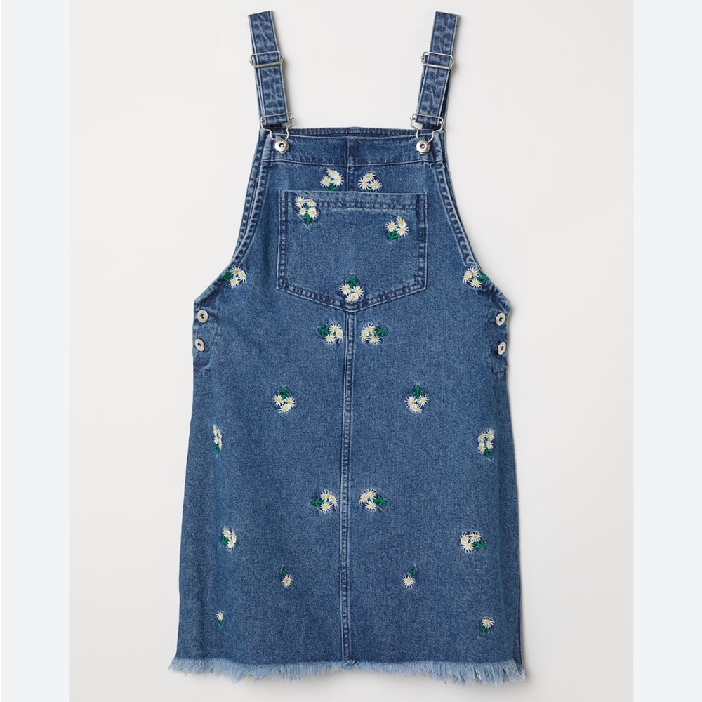 H&M DIVIDED Denim Overalls Dress With Embroidered Flowers